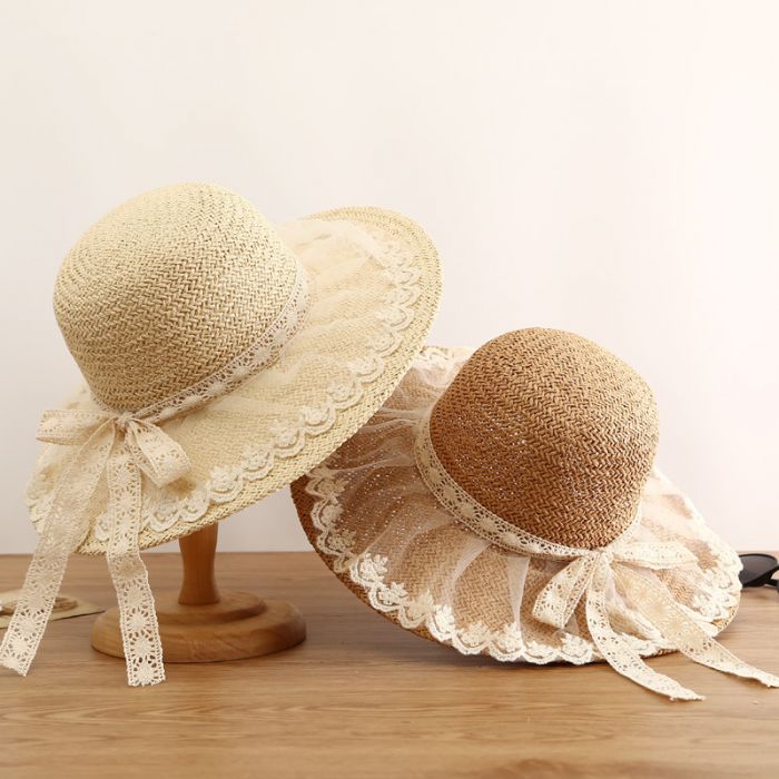 Women’s Wide Brim Straw Sun Hat with Delicate Lace Trim | Elegant Summer Beach Hat | UV Protection Holiday Hat