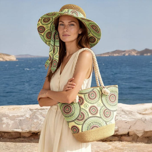 2 Piece Straw Green Beach Bag & Sun Hat
