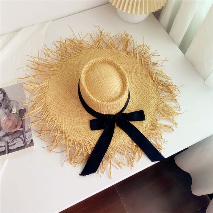 Women’s Fringed Raffia Straw Sun Hat with Black Ribbon Bow | Wide Brim Natural Woven Beach Hat | Summer UV Protection