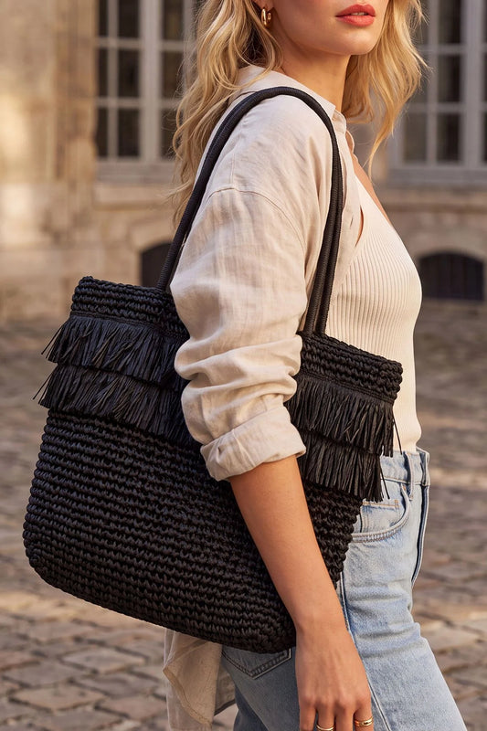 Crochet Fringe Detail Shoulder Bag | Boho Woven Hobo Handbag for Women