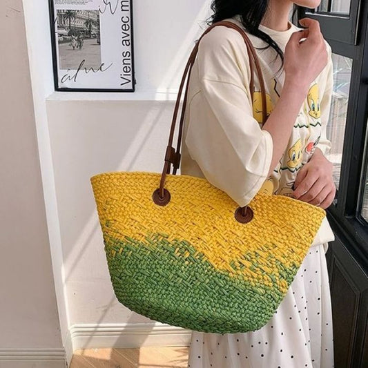 Vibrant Ombre Straw Beach Bag | Handwoven Women’s Tote Bag | Large Summer Shoulder Shopper | Holiday Travel Bag