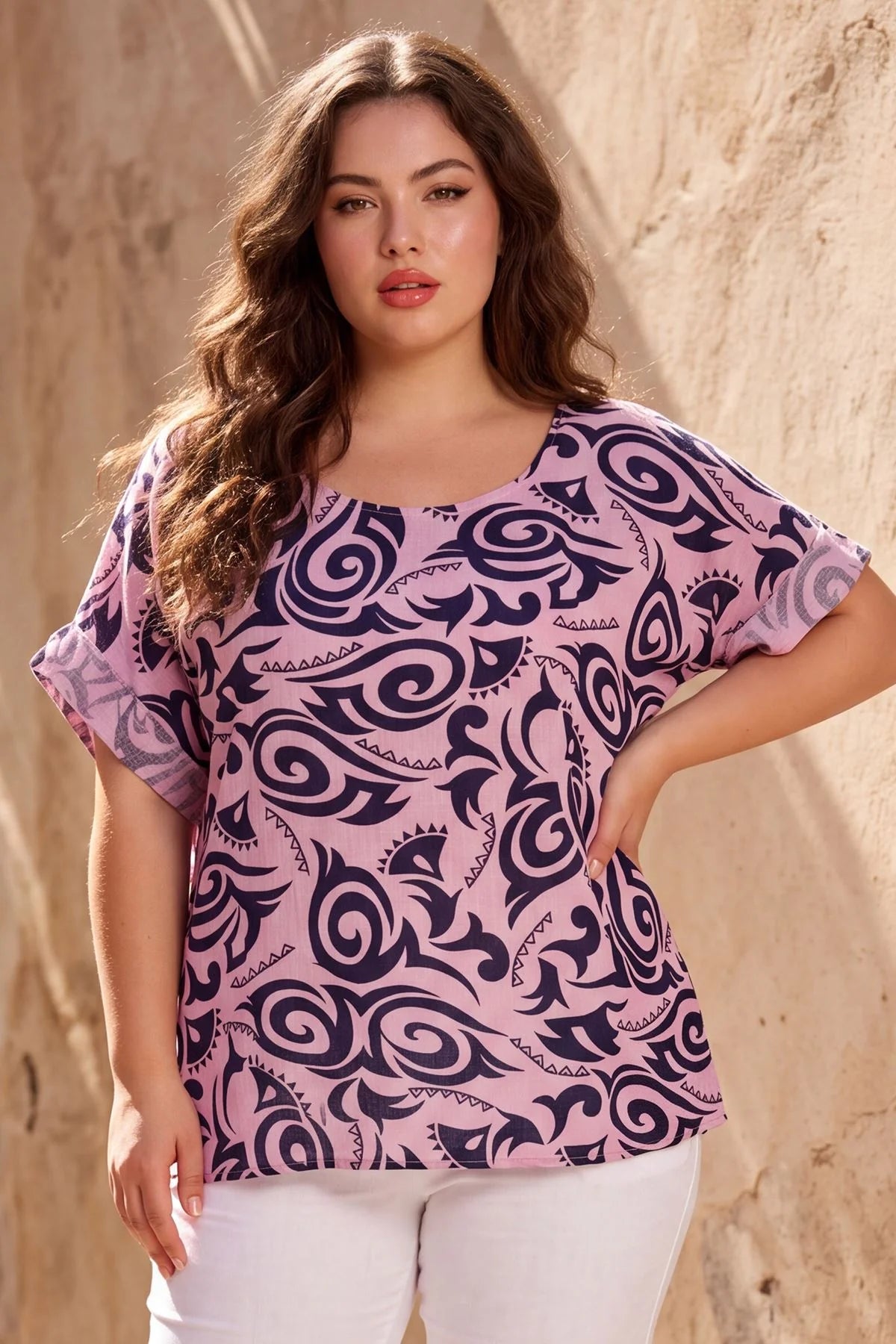 Abstract Print Loose Fit Tunic Cotton Top