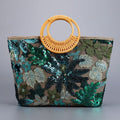 Emerald Green Sequin Tropical Tote Beach Bag | Women’s Holiday Shoulder Handbag