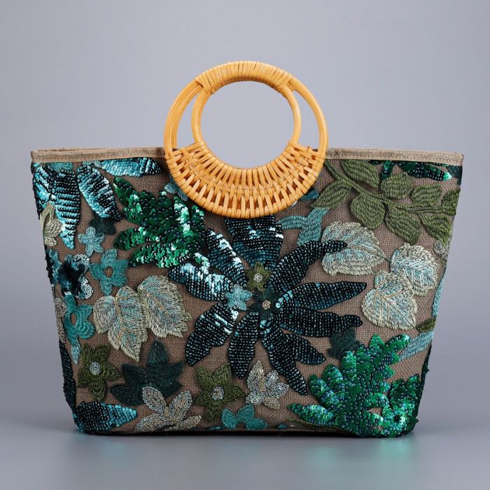 Emerald Green Sequin Tropical Tote Beach Bag | Women’s Holiday Shoulder Handbag