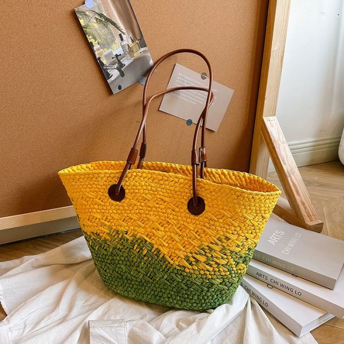 Vibrant Ombre Straw Beach Bag | Handwoven Women’s Tote Bag | Large Summer Shoulder Shopper | Holiday Travel Bag