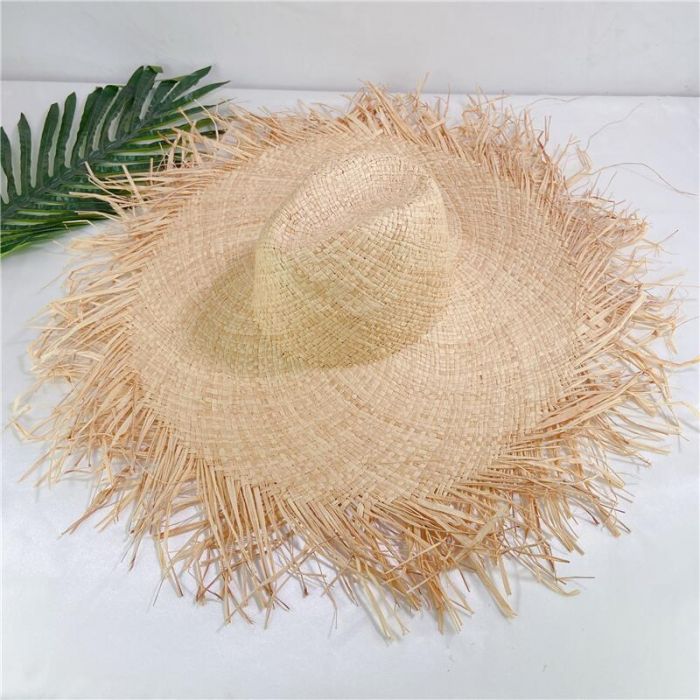 Women’s Fringed Raffia Straw Sun Hat with Black Ribbon Bow | Wide Brim Natural Woven Beach Hat | Summer UV Protection