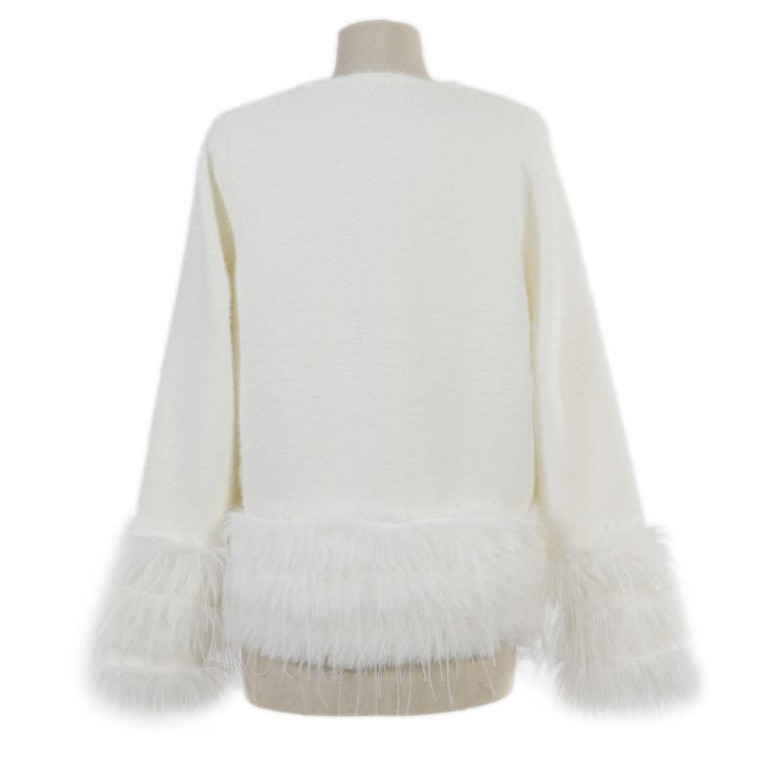 Feather-Trim Cropped Double Row Buttons Cardigan