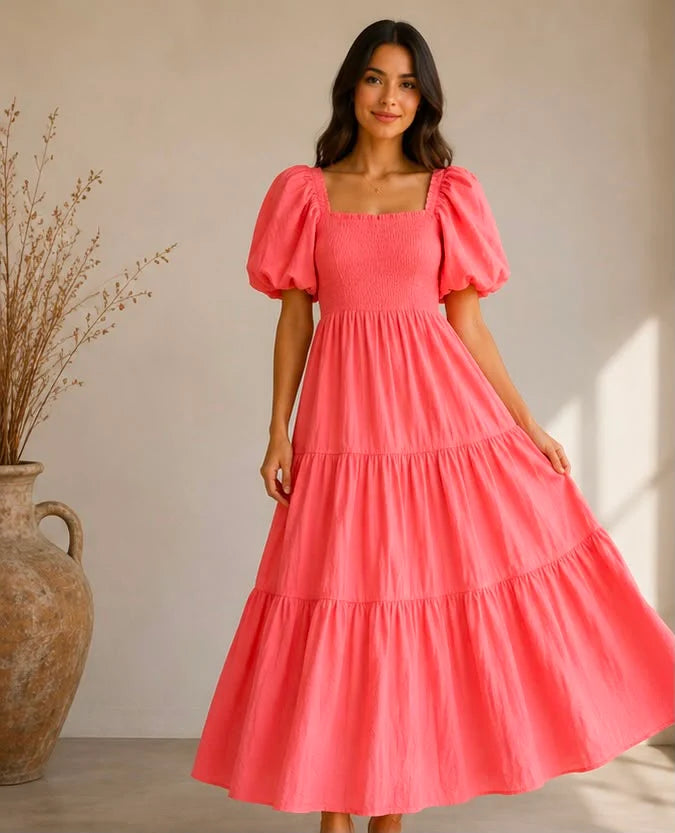 Cotton Shirred Elasticated Puffball Sleeve Bardot Dress