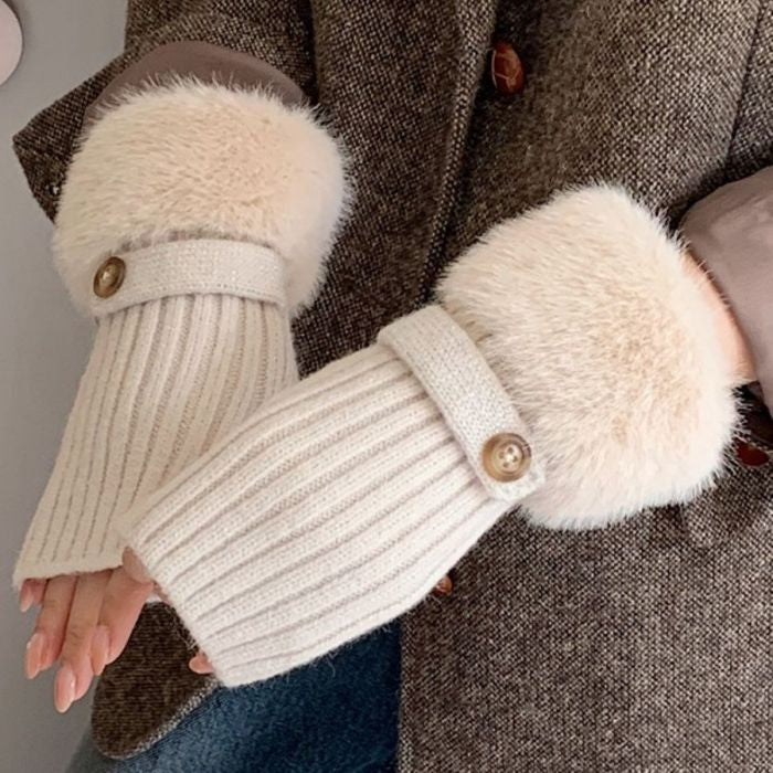 Faux Fur Knit Fingerless Button Gloves