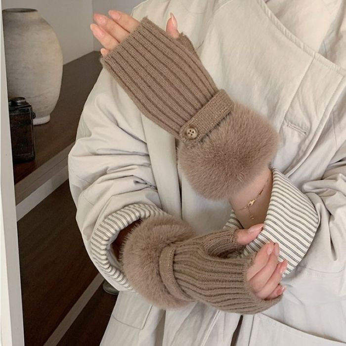 Faux Fur Knit Fingerless Button Gloves