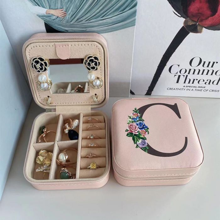 Jewellery Box with Floral Monogram 'A, H, G & C' Alphabet Design for Personalised Storage