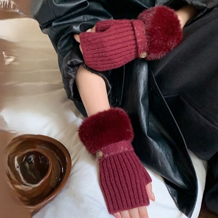 Faux Fur Knit Fingerless Button Gloves