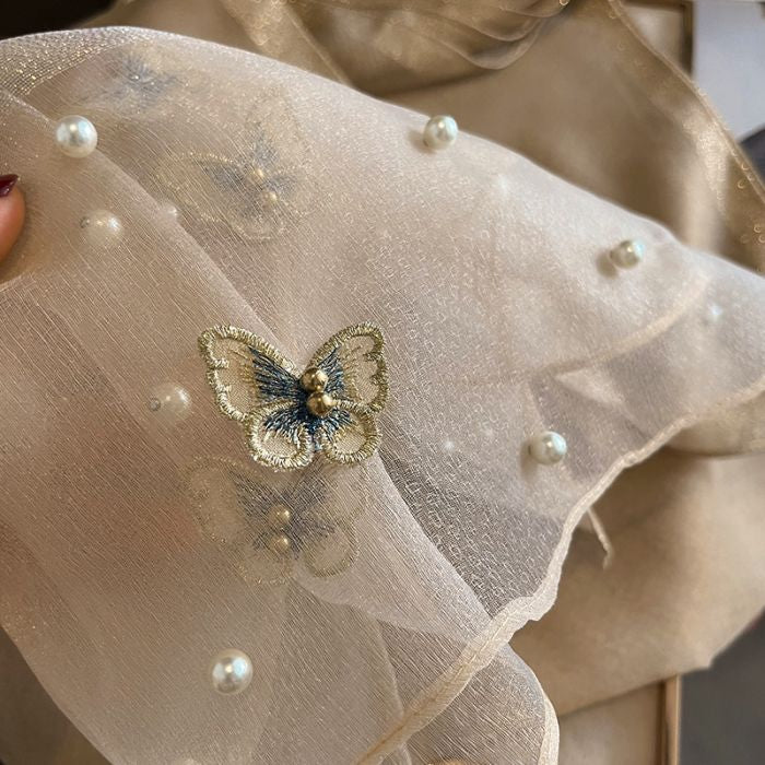 Elegant Silk Scarf with Butterfly Print & Pearl Detail – Soft Lightweight Fashion Wrap 🦋