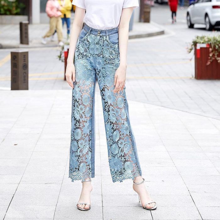 Camilla Floral Lace Illusion Denim Trousers