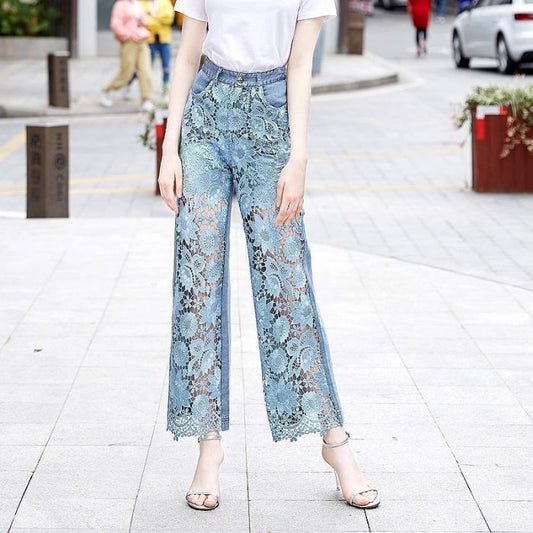 Camilla Floral Lace Illusion Denim Trousers