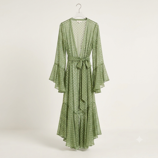 Sheer Maxi Beach Cover-Up with Ruffle Sleeves Kimono in Green & Pink Polka Dot Design for Summer Style