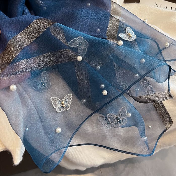 Elegant Silk Scarf with Butterfly Print & Pearl Detail – Soft Lightweight Fashion Wrap 🦋