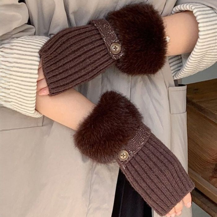 Faux Fur Knit Fingerless Button Gloves