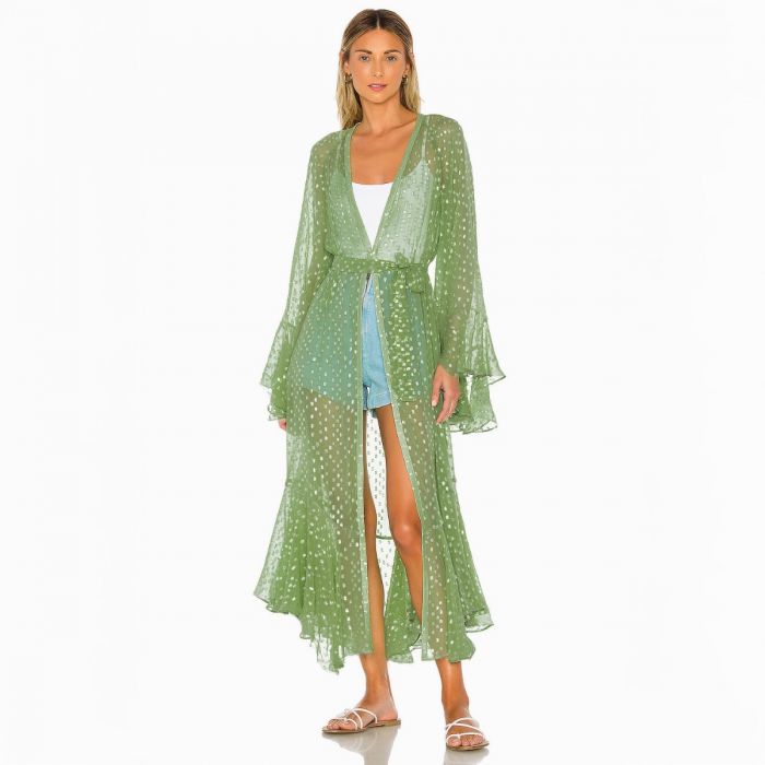 Sheer Maxi Beach Cover-Up with Ruffle Sleeves Kimono in Green & Pink Polka Dot Design for Summer Style