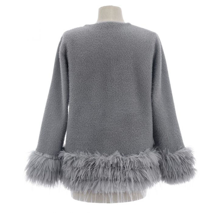 Feather-Trim Cropped Double Row Buttons Cardigan