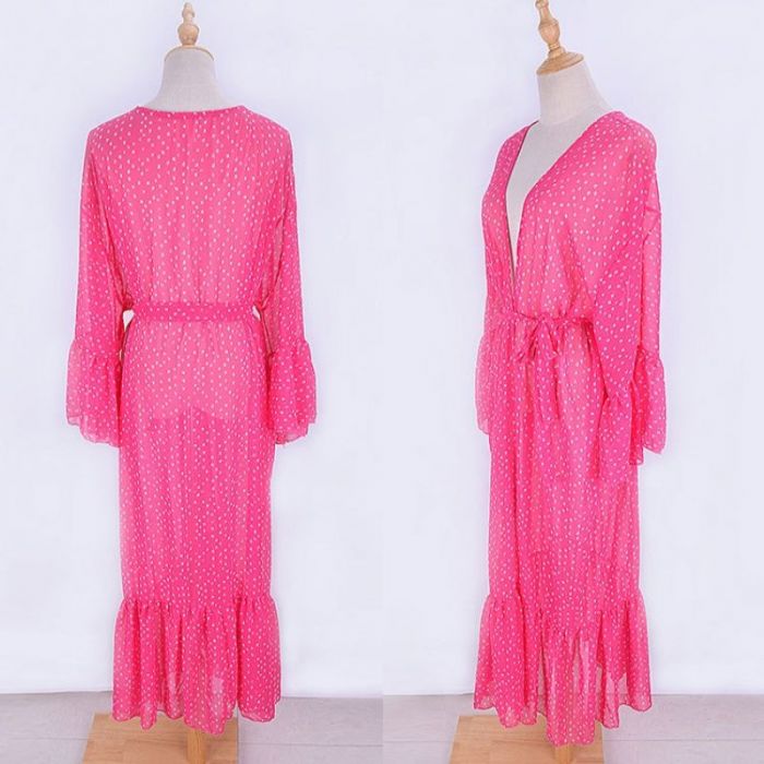 Sheer Maxi Beach Cover-Up with Ruffle Sleeves Kimono in Green & Pink Polka Dot Design for Summer Style