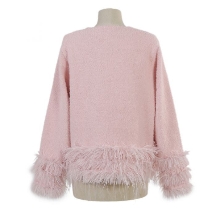 Feather-Trim Cropped Double Row Buttons Cardigan