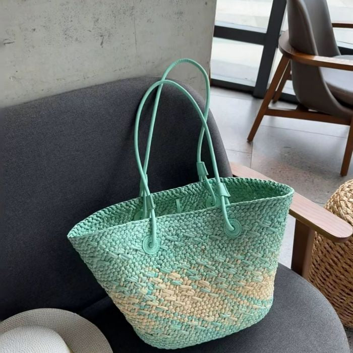 Vibrant Ombre Straw Beach Bag | Handwoven Women’s Tote Bag | Large Summer Shoulder Shopper | Holiday Travel Bag