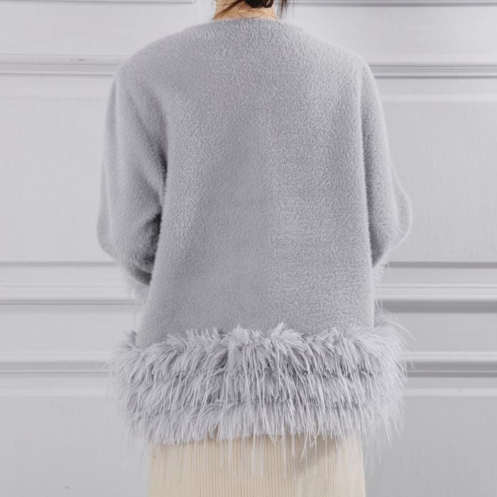 Feather-Trim Cropped Double Row Buttons Cardigan
