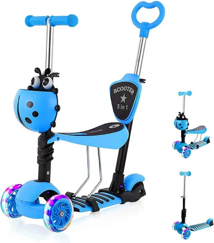 5-in-1 Kids Ladybug Scooter with LED Wheels | Adjustable Ride-On Scooter with Seat & Parent Push Handle | Foldable Toddler Scooter for Boys & Girls