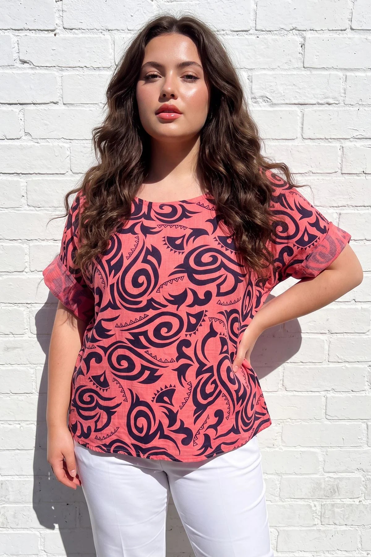 Abstract Print Loose Fit Tunic Cotton Top