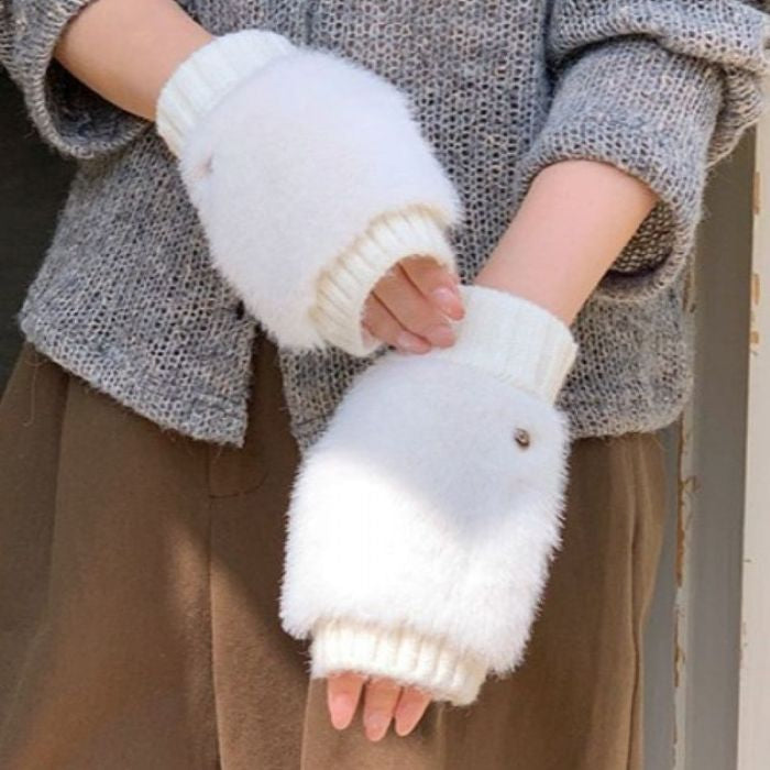 Soft Knit Fingerless Gloves with Faux Fur Mitten Cap