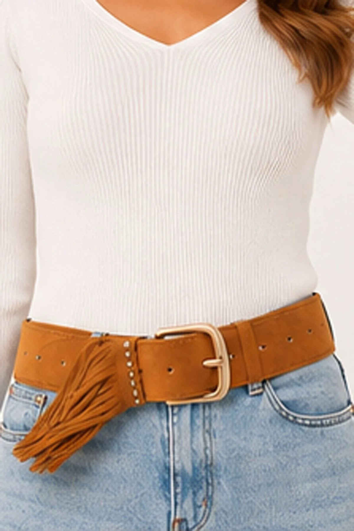 Suede Gold Buckle Fringe Waist Belt – Women’s Western Boho Fashion Belt