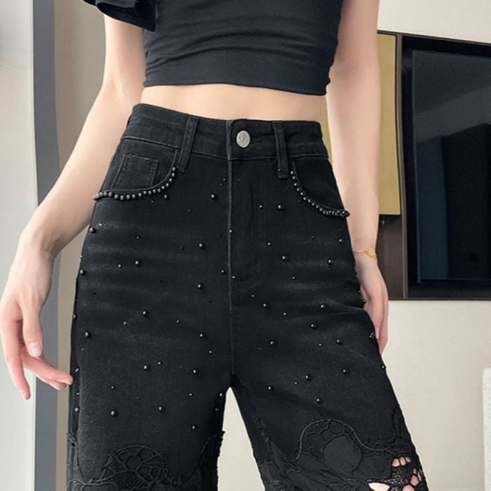 Black Wide Leg Jeans with Lace Patchwork & Pearl