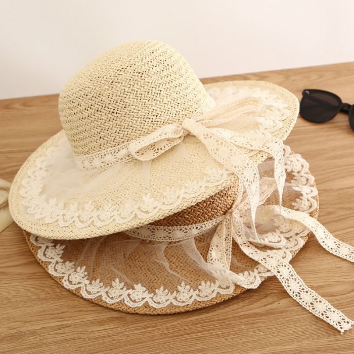 Women’s Wide Brim Straw Sun Hat with Delicate Lace Trim | Elegant Summer Beach Hat | UV Protection Holiday Hat