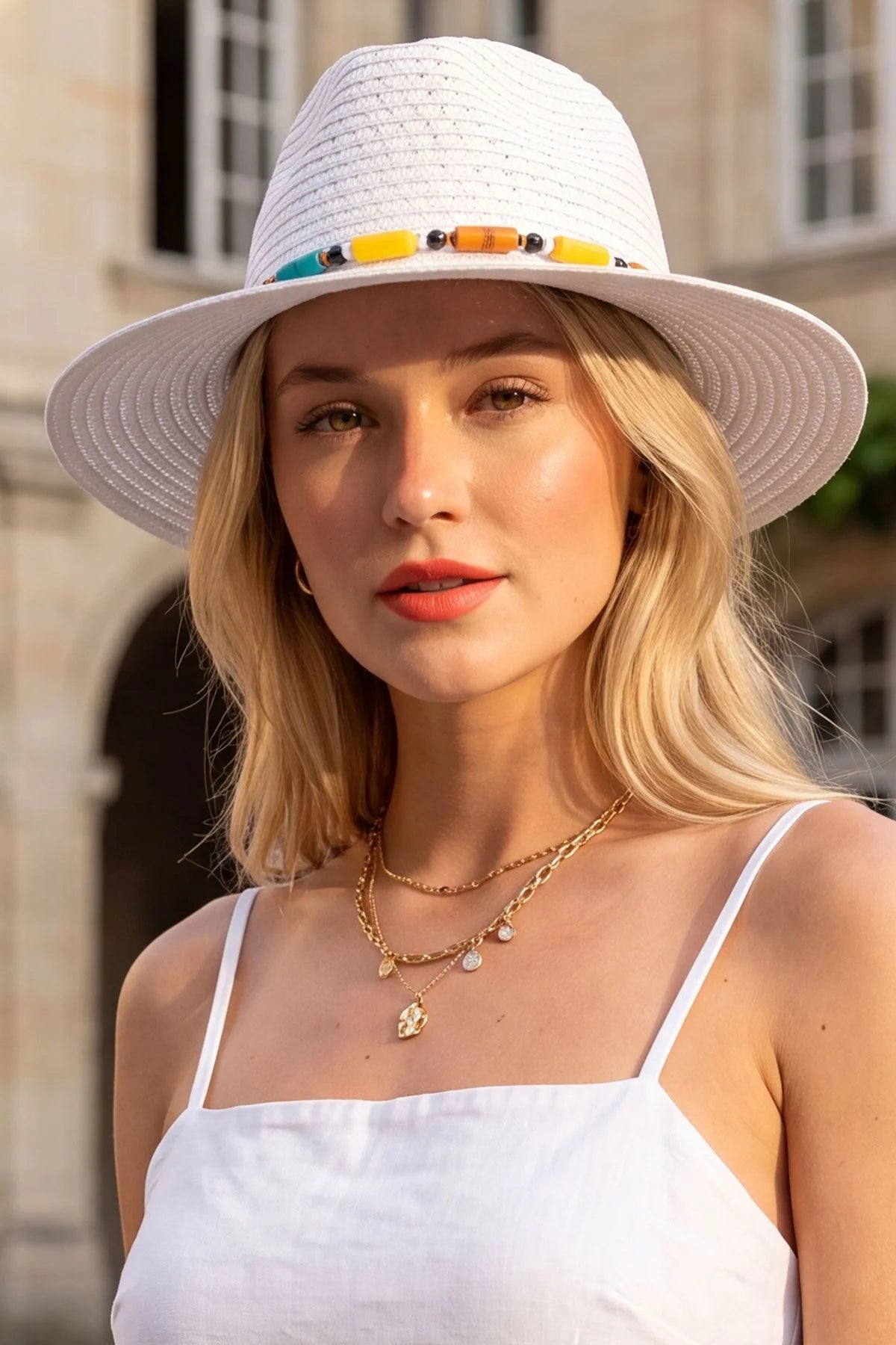 Women’s Straw Sun Hat with Beaded Trim – Wide Brim Summer Beach Hat