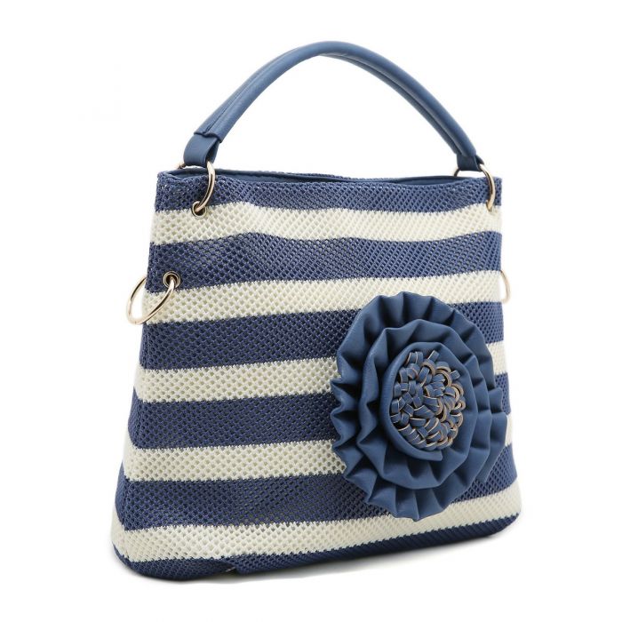 Large Striped Tote Bag with 3D Floral Detail | Women’s Shoulder Shopper Handbag | Casual Travel Beach Bag