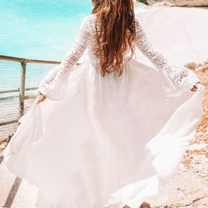 White Long Sleeve Crochet Beach Cover-Up Dress | Boho Swimwear Cover-Up