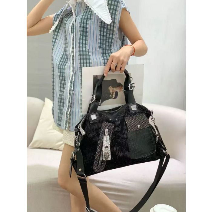 Women’s Black Croc Embossed Sparkle Shoulder Bag – Elegant Evening Purse