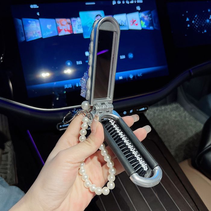 Key Charm Folding Mirror & Hair Comb with Pearls