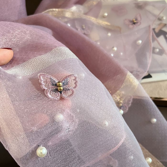 Elegant Silk Scarf with Butterfly Print & Pearl Detail – Soft Lightweight Fashion Wrap 🦋