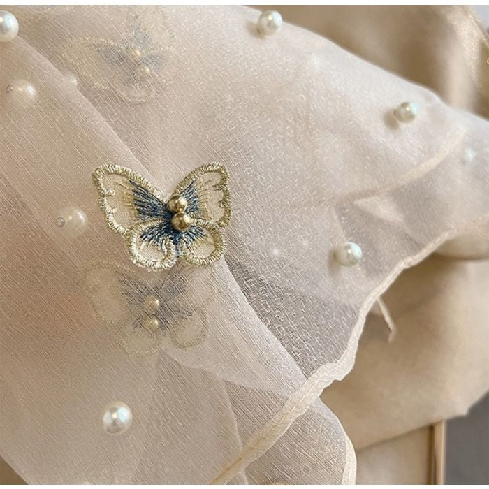 Elegant Silk Scarf with Butterfly Print & Pearl Detail – Soft Lightweight Fashion Wrap 🦋