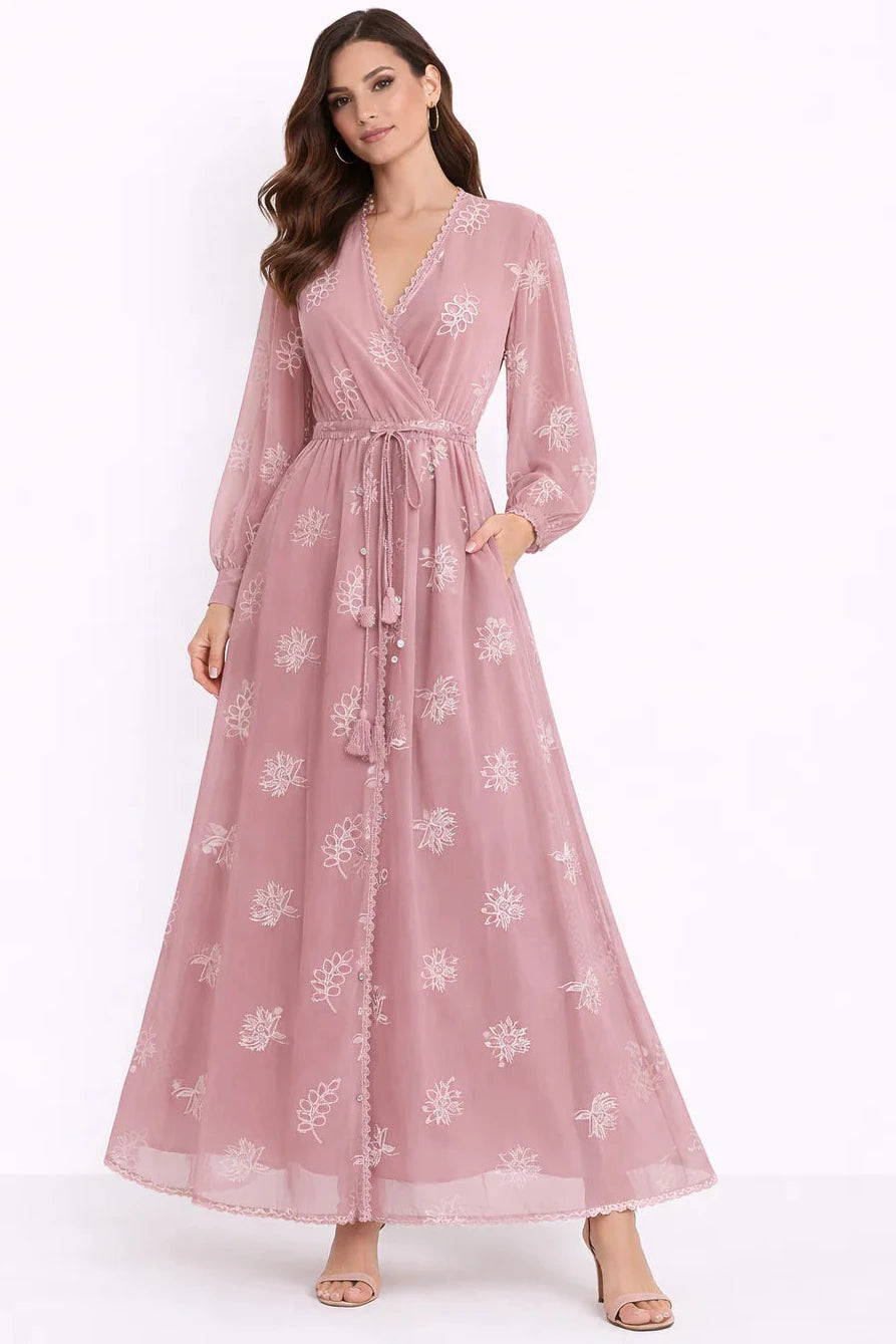 Women’s Embroidered V-Neck Long Sleeve Midi Dress | Floral Wrap Style Dress