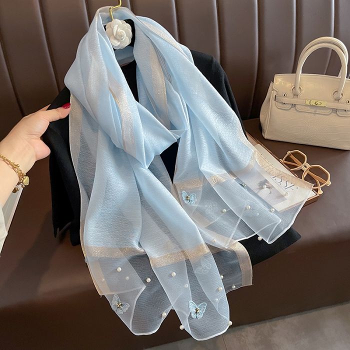Elegant Silk Scarf with Butterfly Print & Pearl Detail – Soft Lightweight Fashion Wrap 🦋