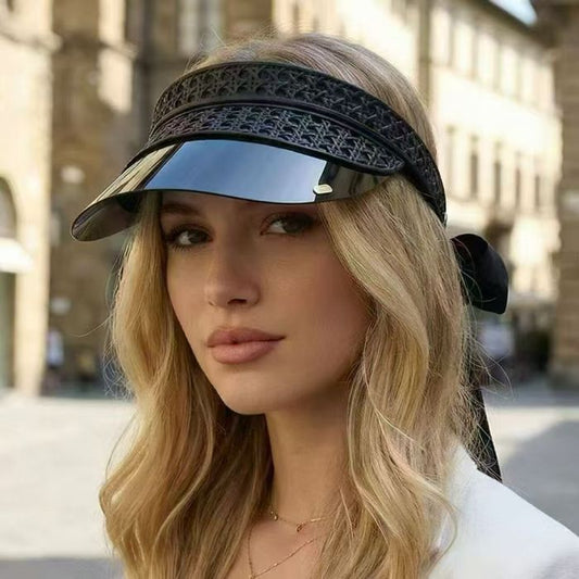 Women’s Woven Sun Visor Hat with Satin Bow | Wide Brim Summer Straw Visor | UV Protection Beach & Holiday Hat
