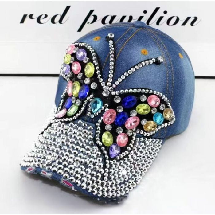 Women’s Crystal Embellished Denim Cap | Sparkly Rhinestone Baseball Hat | Adjustable Casual Fashion Cap