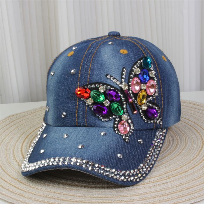 Women’s Crystal Embellished Denim Cap | Sparkly Rhinestone Baseball Hat | Adjustable Casual Fashion Cap