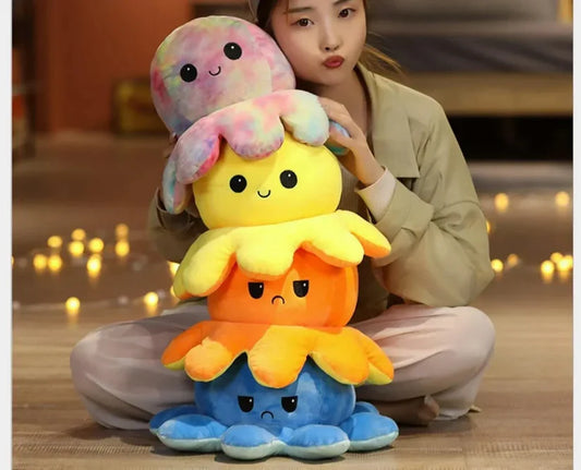 40cm Reversible Octopus Plush Toy | Soft Flip Mood Octopus Stuffed Animal | Double-Sided Emotional Plush Gift