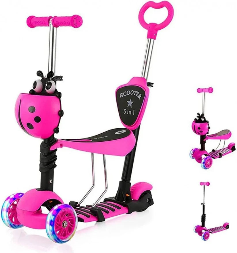 5-in-1 Kids Ladybug Scooter with LED Wheels | Adjustable Ride-On Scooter with Seat & Parent Push Handle | Foldable Toddler Scooter for Boys & Girls