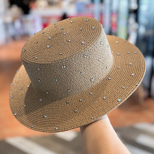 Sparkling Rhinestone Embellished Straw Sun Hat with Elegant Crystal Accents & Wide Brim