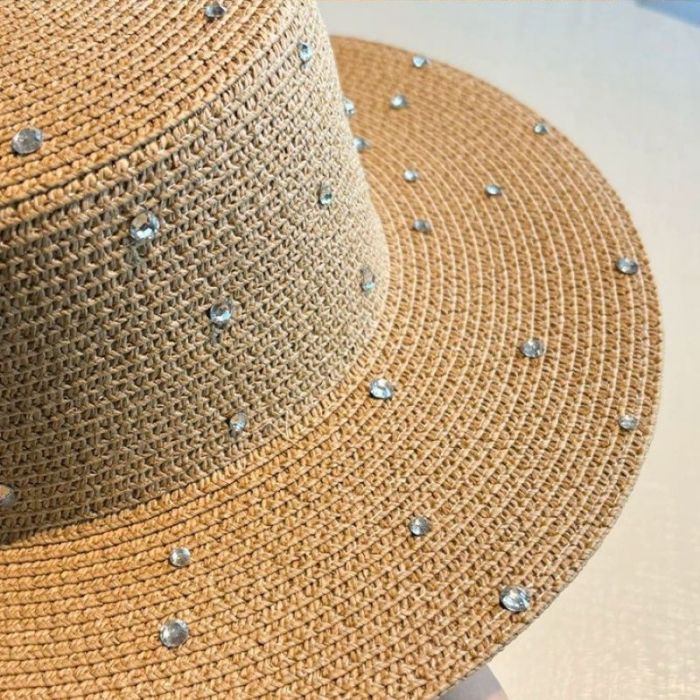 Sparkling Rhinestone Embellished Straw Sun Hat with Elegant Crystal Accents & Wide Brim